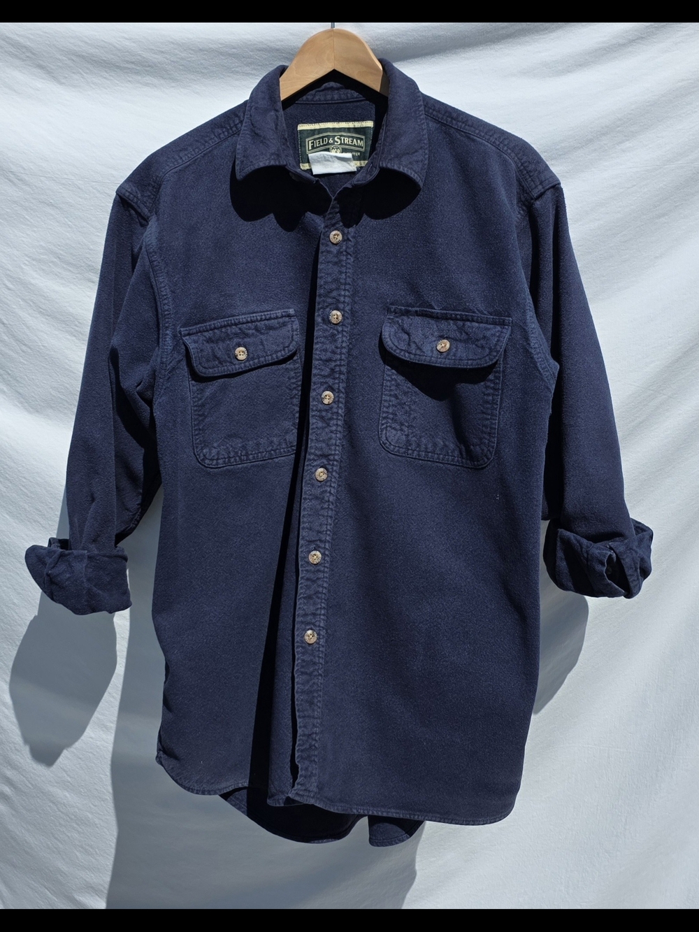 Field & Stream Men's Large Heavyweight Flannel Shirt Solid Navy Blue Cotton